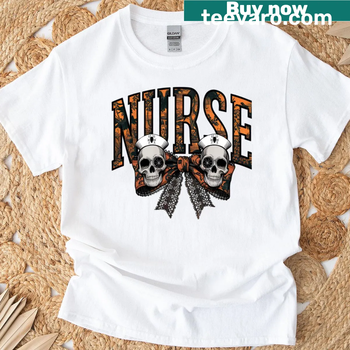 Halloween nurse t-shirt with scary coquette bow illustration — on a men's t-shirt