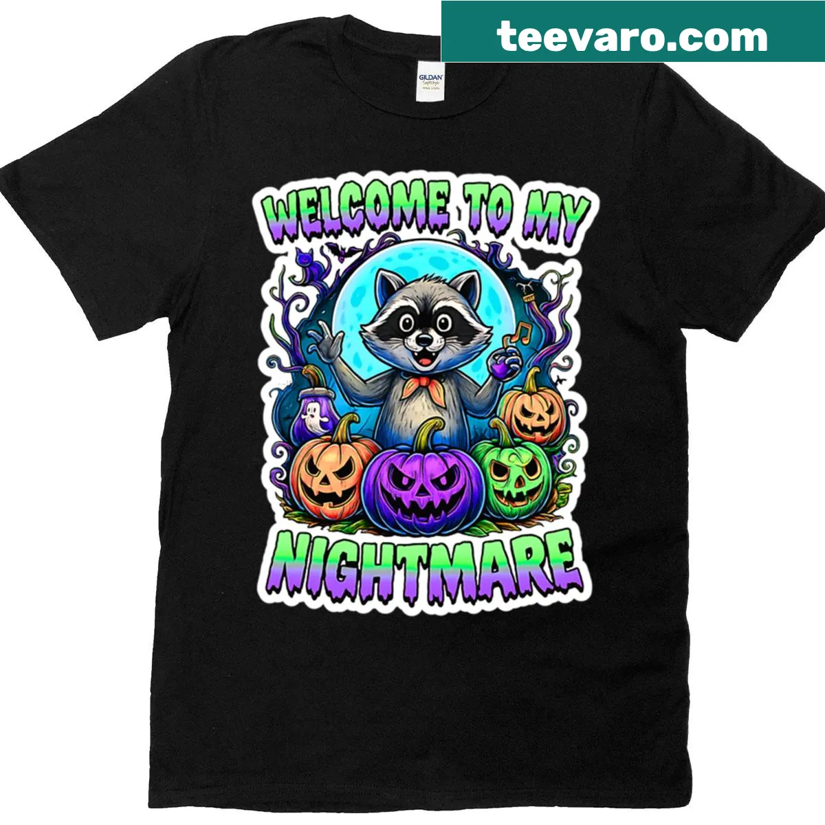 Halloween T-shirt featuring a quirky raccoon in a spooky setting — on a men's t-shirt