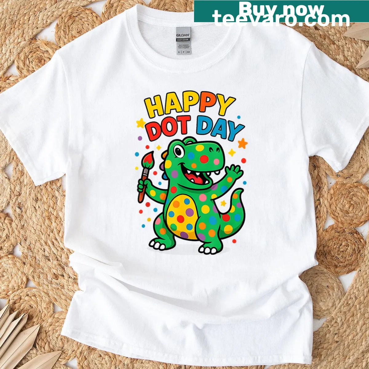 Cute kids' t-shirt featuring a polka dot dinosaur design — on a men's t-shirt