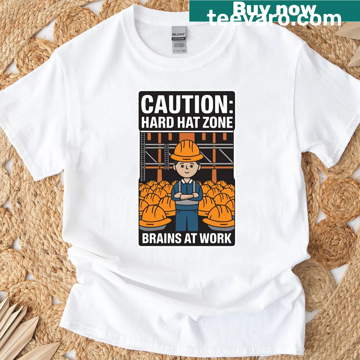 Funny construction-themed T-shirt with safety message — on a men's t-shirt