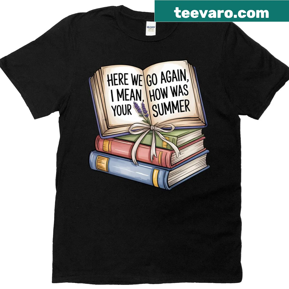 Oversized teacher shirt with 'Here We Go Again' text in playful font — on a men's t-shirt