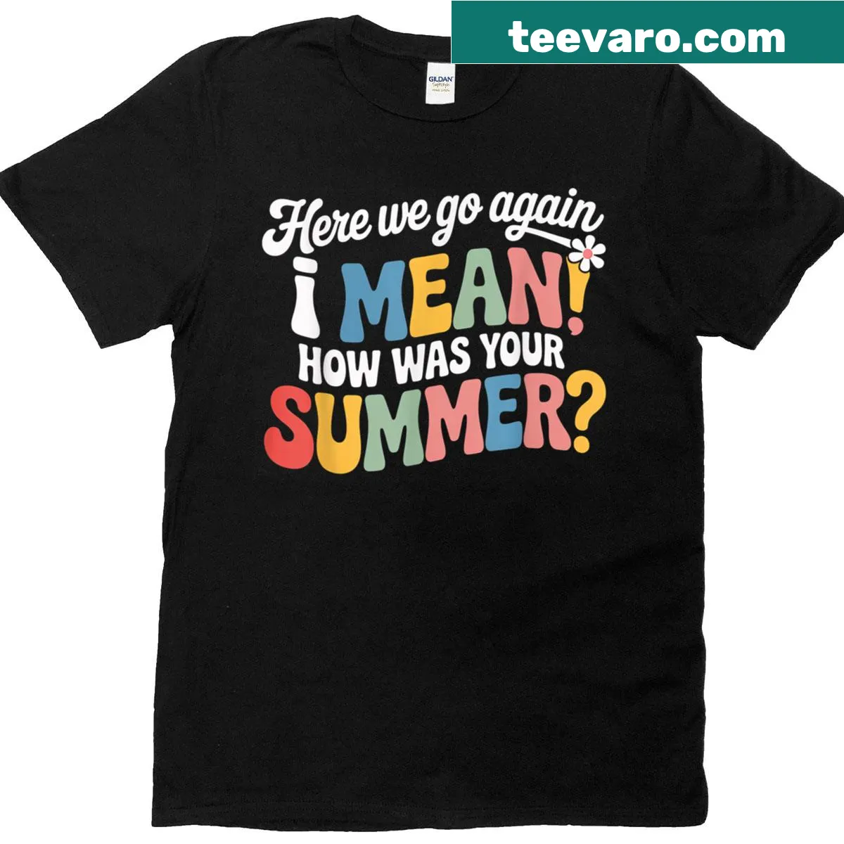 Funny back-to-school t-shirt with the phrase 'Here We Go Again I Mean Hi How Was Your Summer' — on a men's t-shirt