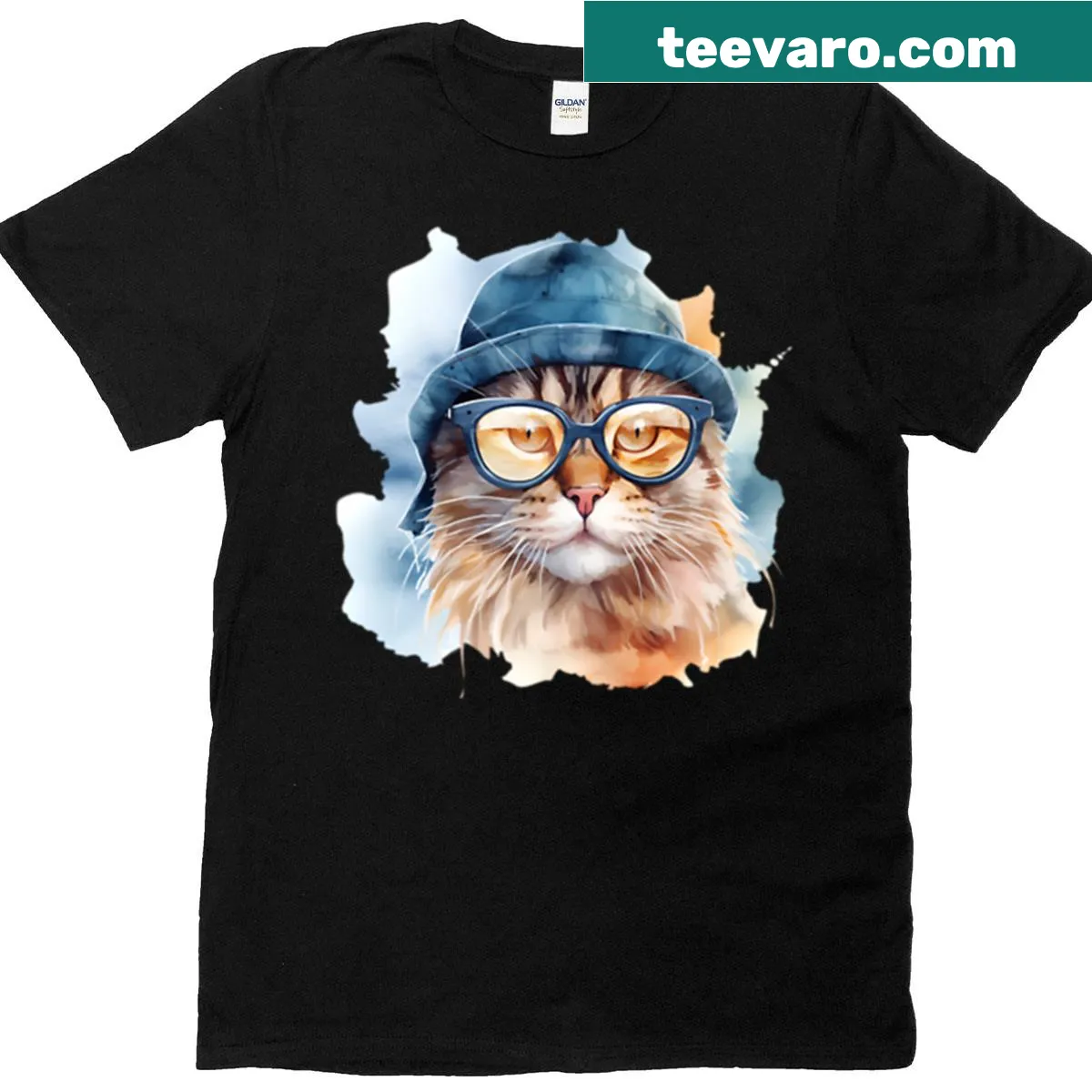 Hipster cat T-shirt with sunglasses and a blue hat illustration. — on a men's t-shirt