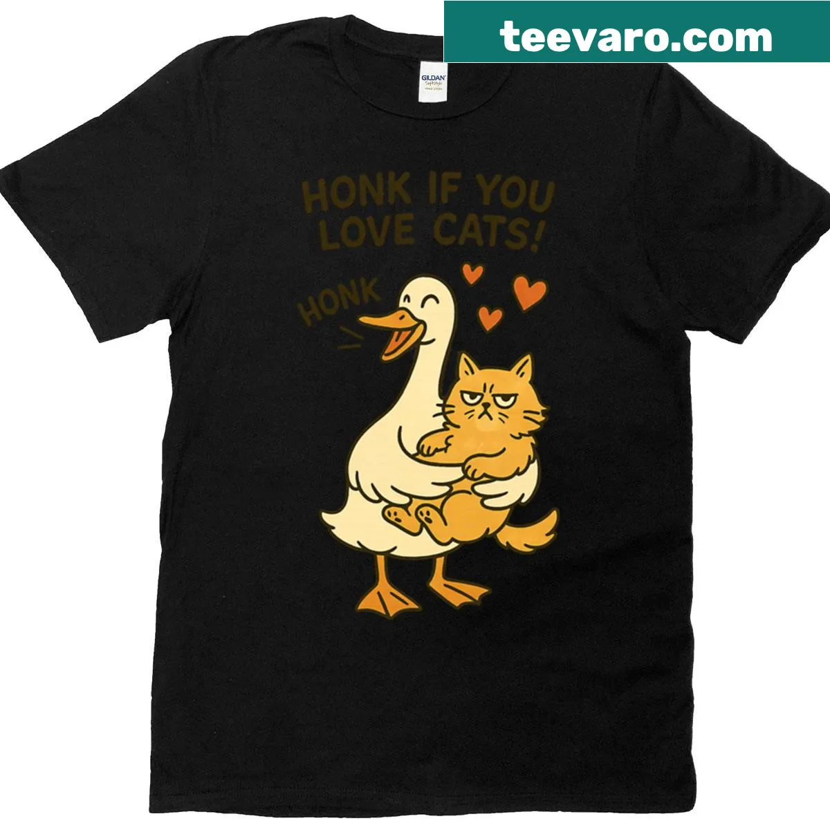Funny t-shirt with a goose graphic and text about loving cats — on a men's t-shirt