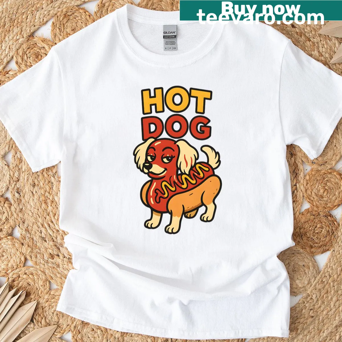 Oversized t-shirt featuring a funny hot dog character with attitude — on a men's t-shirt