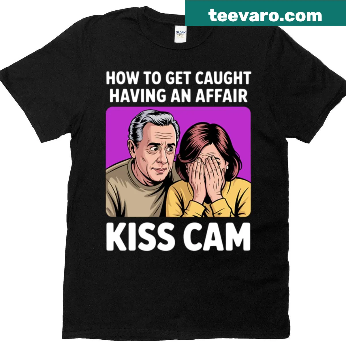 Edgy t-shirt with text about getting caught on a kiss cam — on a men's t-shirt