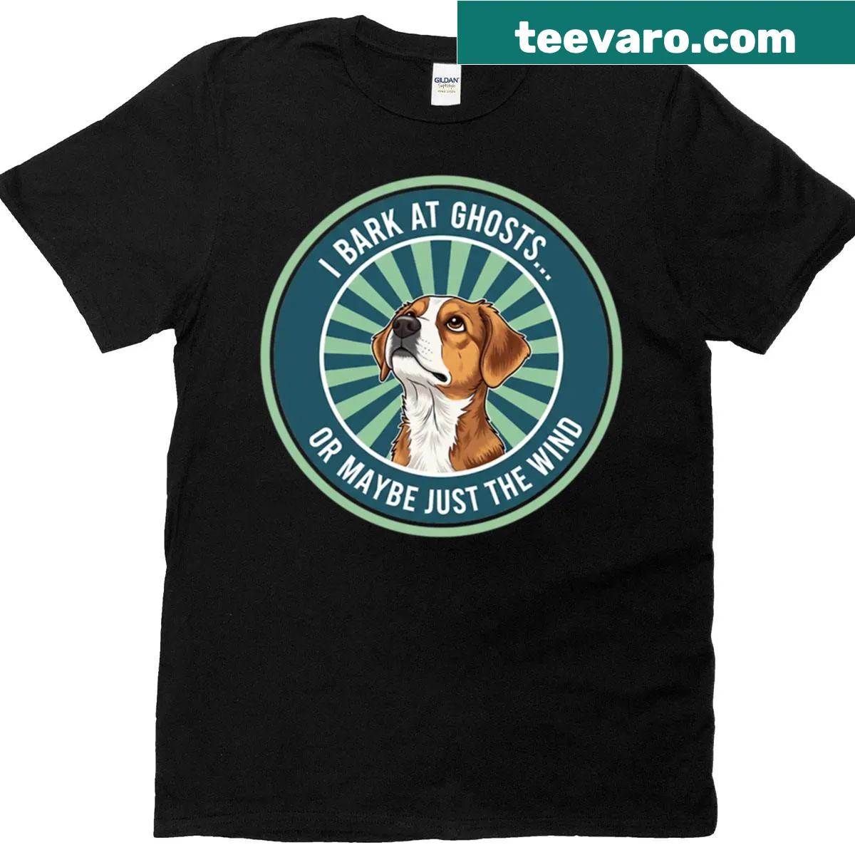 Cartoon dog barking at ghosts or wind on a funny tee — on a men's t-shirt