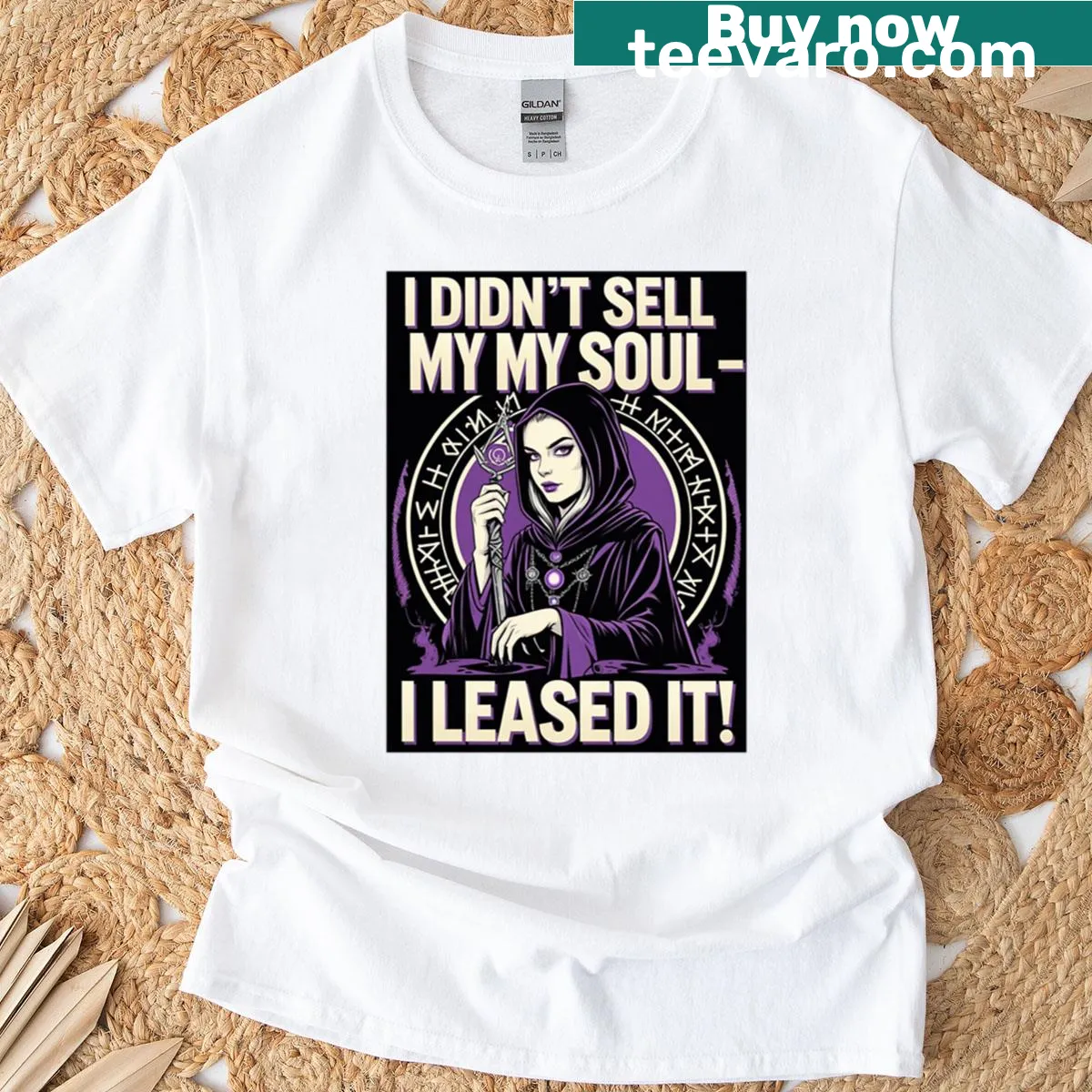 Witty shirt stating 'I Didn't Sell My Soul - I Leased It'. — on a men's t-shirt