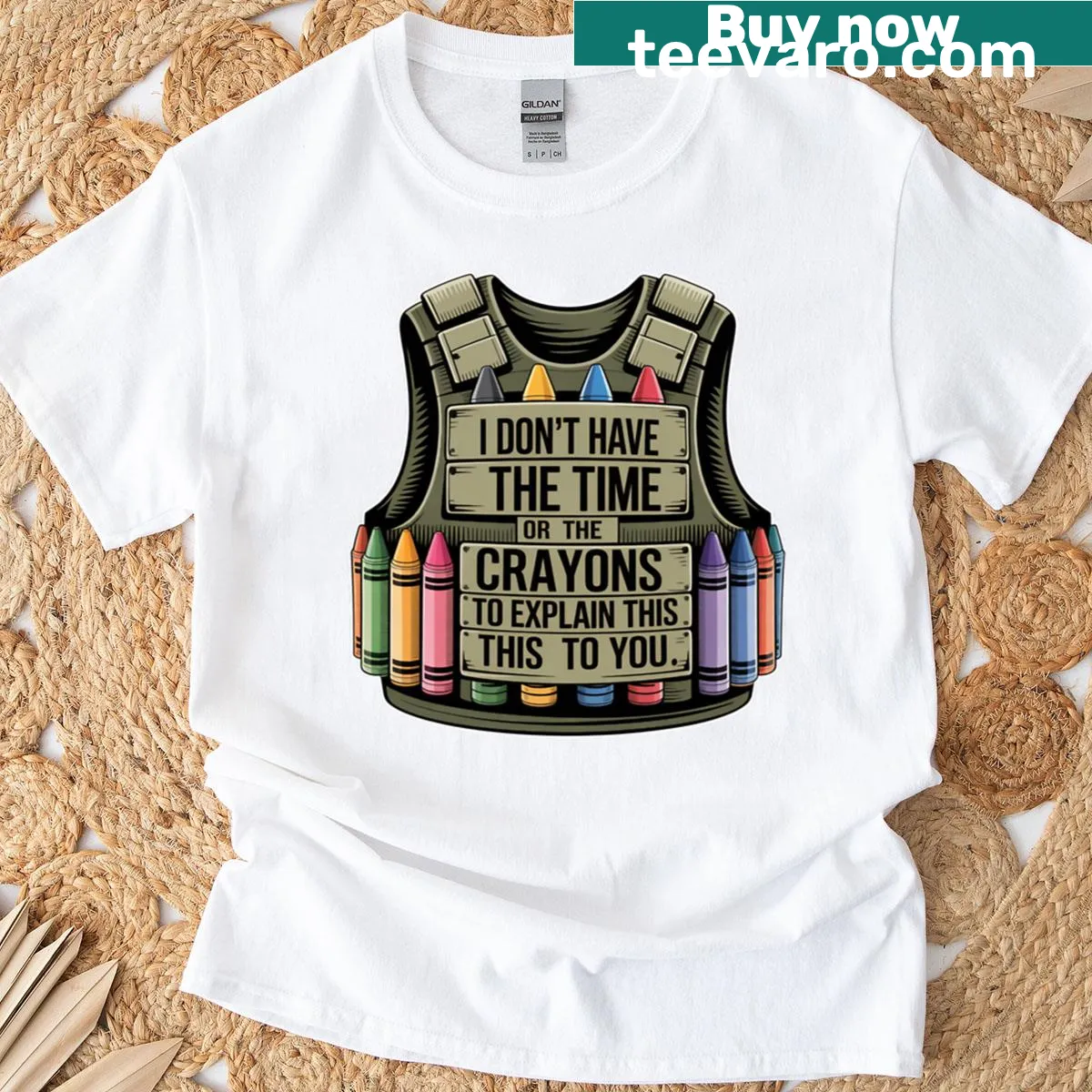 Funny t-shirt with the quote about explaining things without crayons — on a men's t-shirt