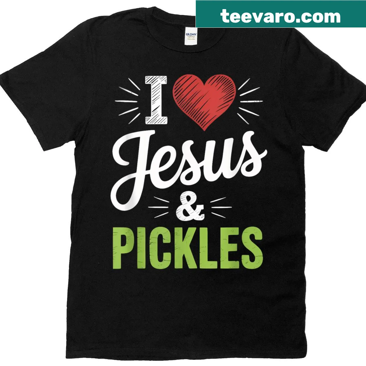 Playful shirt saying 'I Love Jesus, Pickles, Salty and Saved.' — on a men's t-shirt