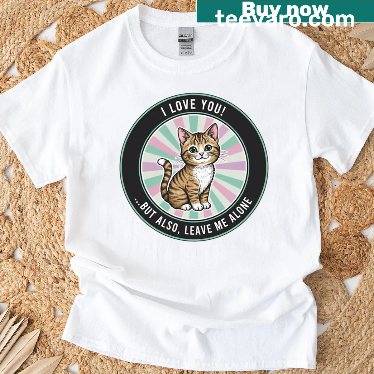 Humorous cat-themed t-shirt with the phrase about love and personal space — on a men's t-shirt