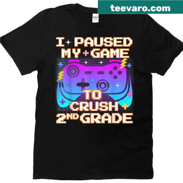 Playful t-shirt for boys with the phrase 'I Paused My Game To Crush Second Grade'