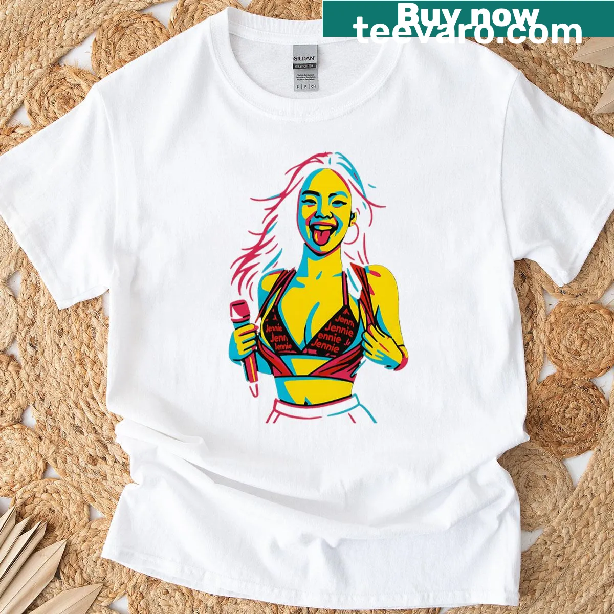 Music-themed T-shirt with 'Jennie World Tour' text — on a men's t-shirt