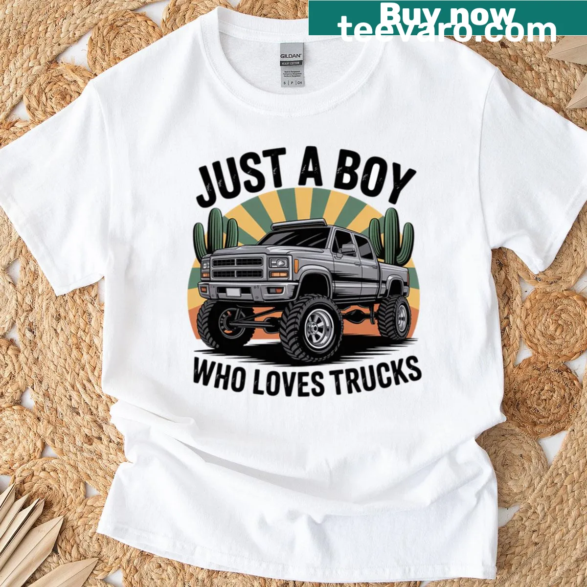 T-shirt for boys featuring various trucks in a playful design — on a men's t-shirt
