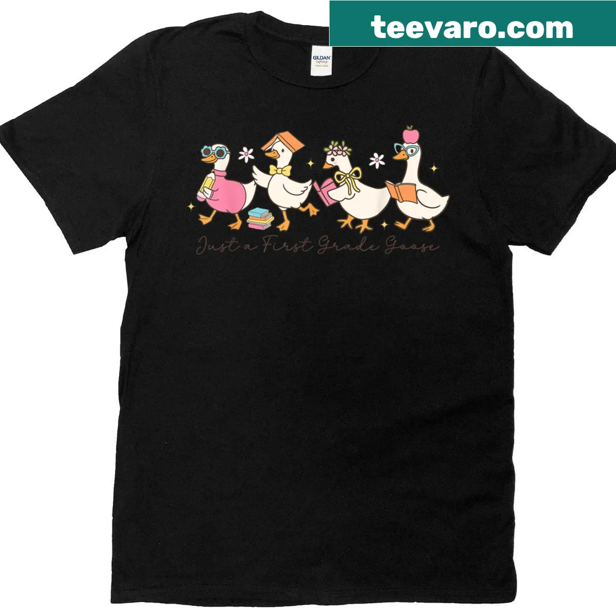 Cartoon goose design on a t-shirt for teachers with humorous text — on a men's t-shirt