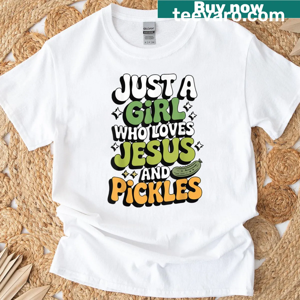 T-shirt featuring quirky text about Jesus and pickles — on a men's t-shirt