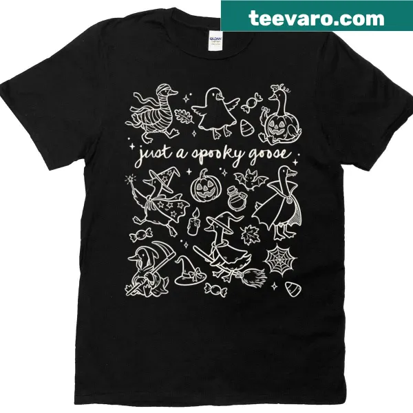 Silly goose graphic surrounded by cute Halloween doodles