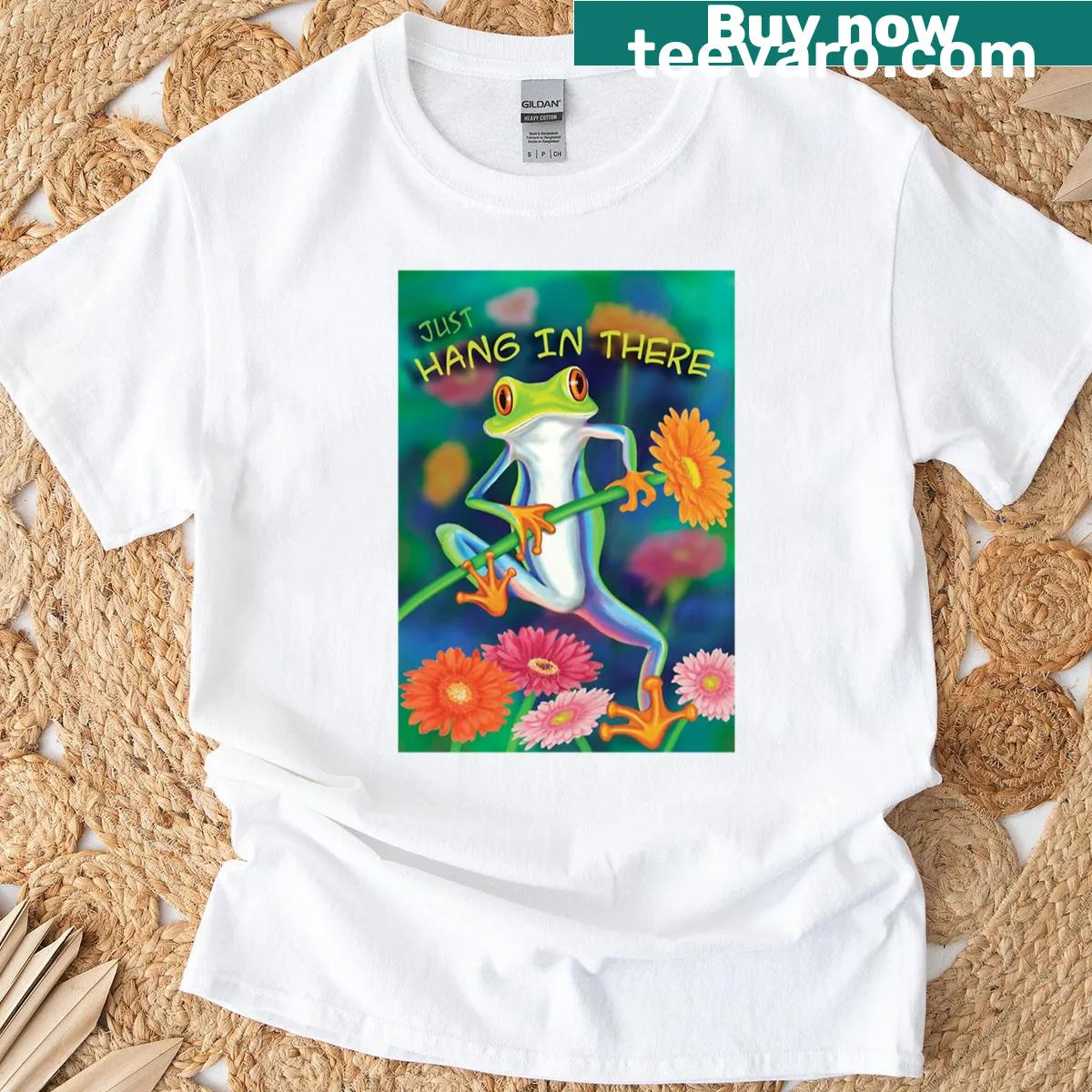 Motivational T-shirt with a frog holding a flower — on a men's t-shirt