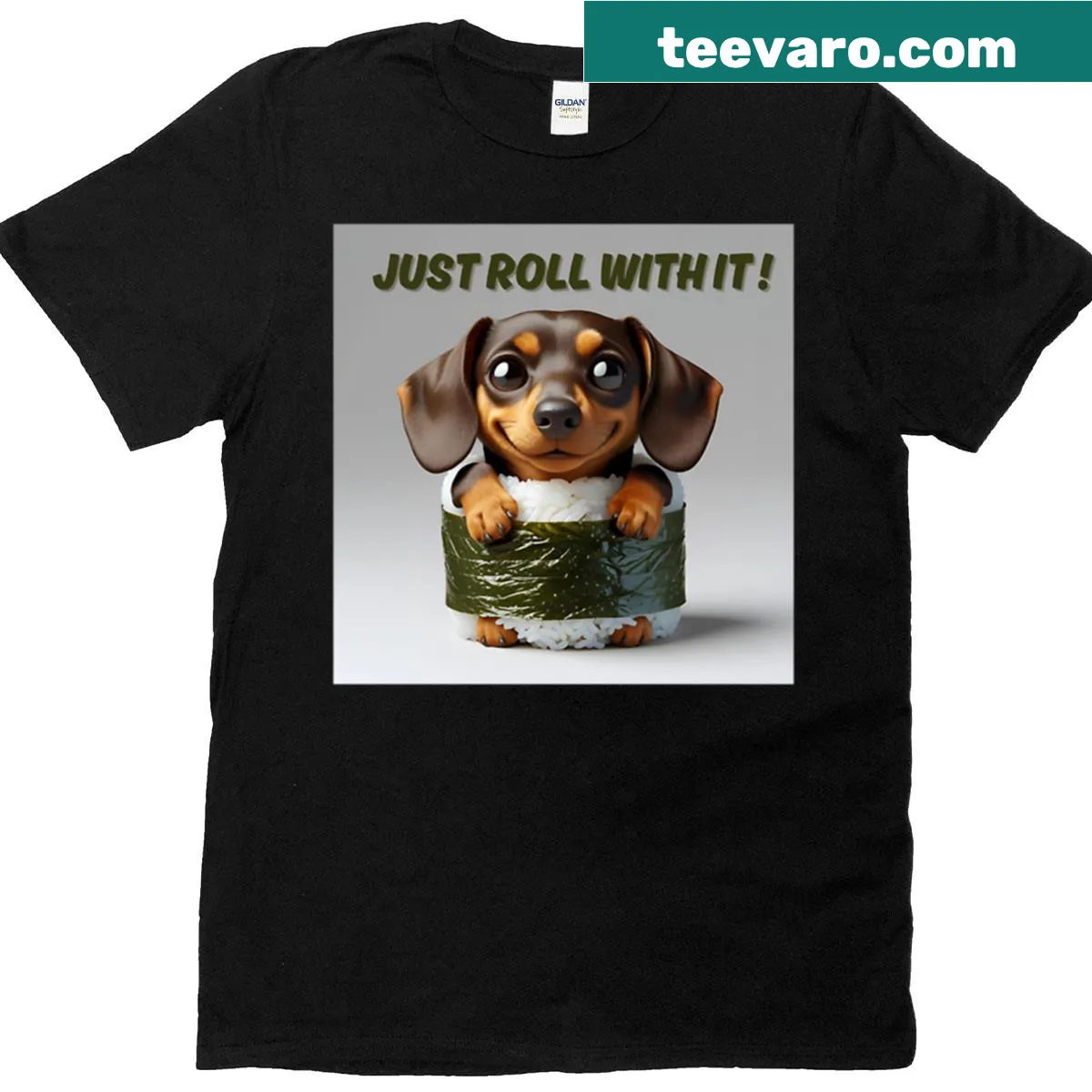 Cutesy T-shirt featuring a cartoon dog dressed as sushi — on a men's t-shirt