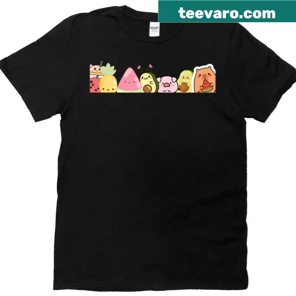 Cute cartoon fruit animals in a lineup on an oversized tee