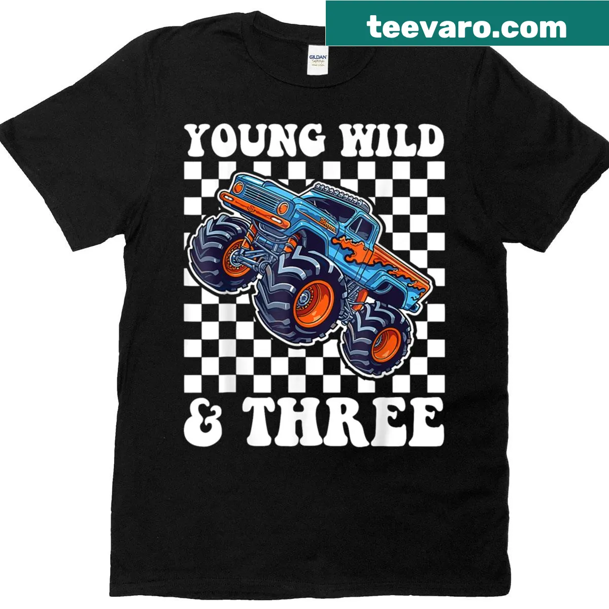 Monster truck graphic on a t-shirt for kids' 3rd birthday — on a men's t-shirt