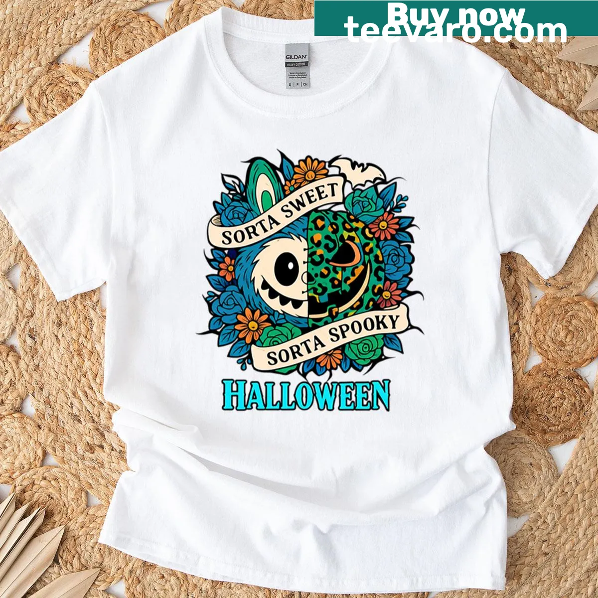 Halloween-themed t-shirt featuring Labubu in a playful design — on a men's t-shirt