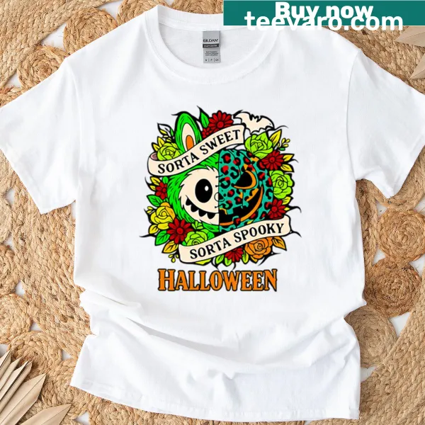 Green Halloween-themed T-shirt featuring Labubu character