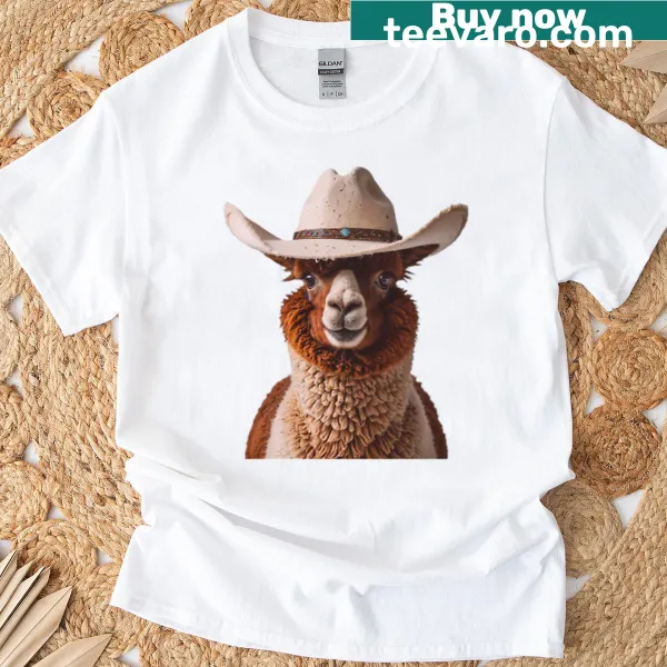 Cute t-shirt with a llama in a cowboy hat and balloons