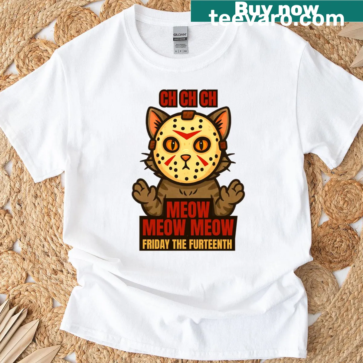 Funny cat-themed t-shirt with Meow Meow Meow text — on a men's t-shirt