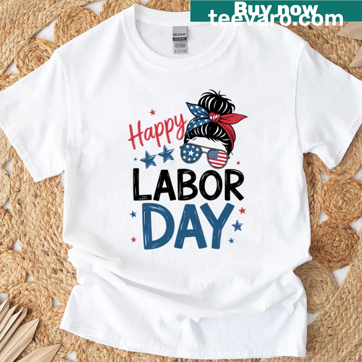 Oversized T-shirt with a messy bun and American flag illustration — on a men's t-shirt