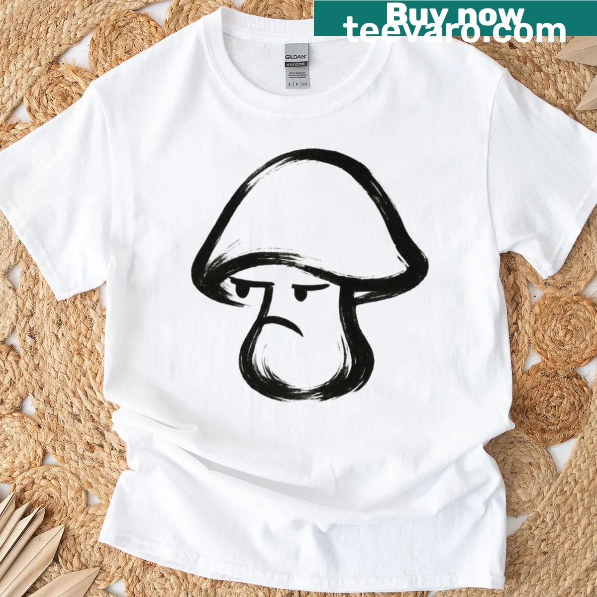Illustrated moody mushroom character on a humorous T-shirt — on a men's t-shirt