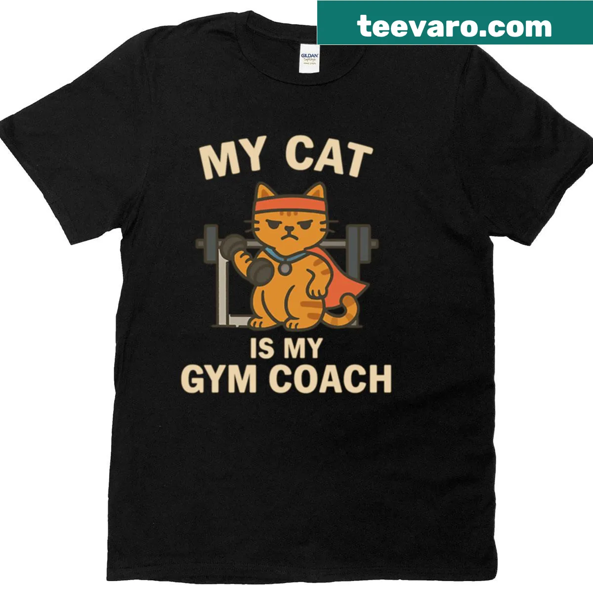 T-shirt featuring the phrase 'My Cat Is My Gym Coach' with a cute cat graphic — on a men's t-shirt