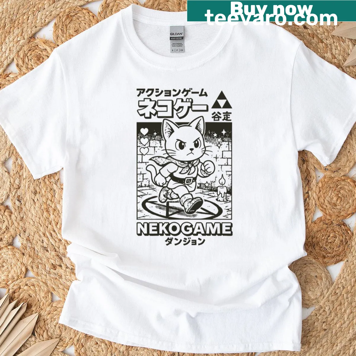 Retro manga style illustration of a cat in a dungeon — on a men's t-shirt