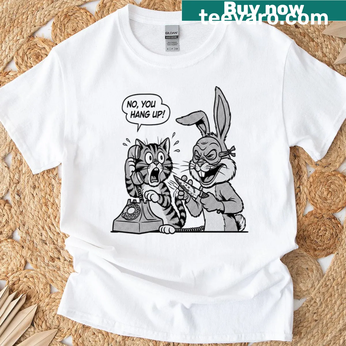 Retro comic style T-shirt featuring a Killer Bunny and Scared Cat — on a men's t-shirt