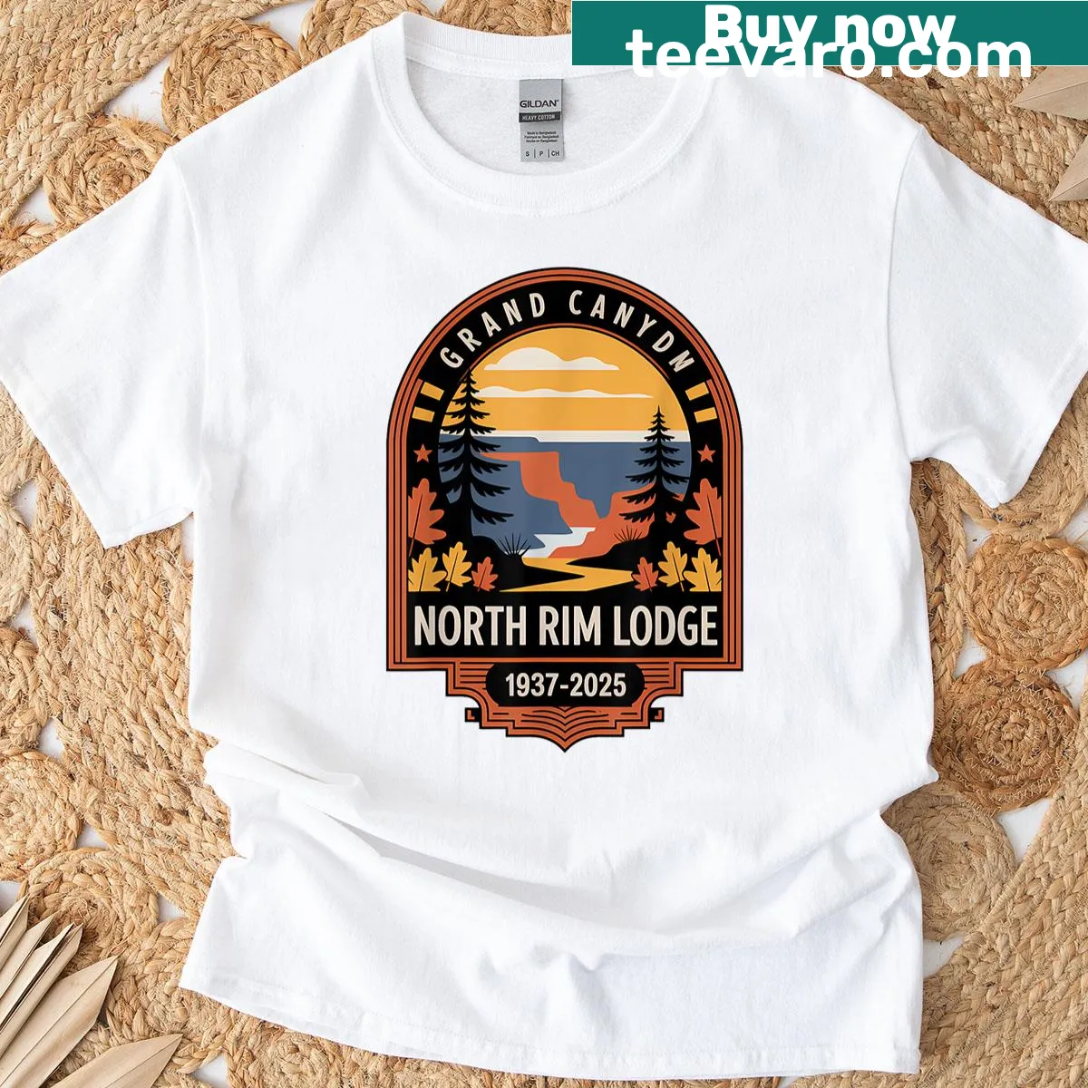 Commemorative T-shirt featuring the North Rim Lodge and Grand Canyon — on a men's t-shirt