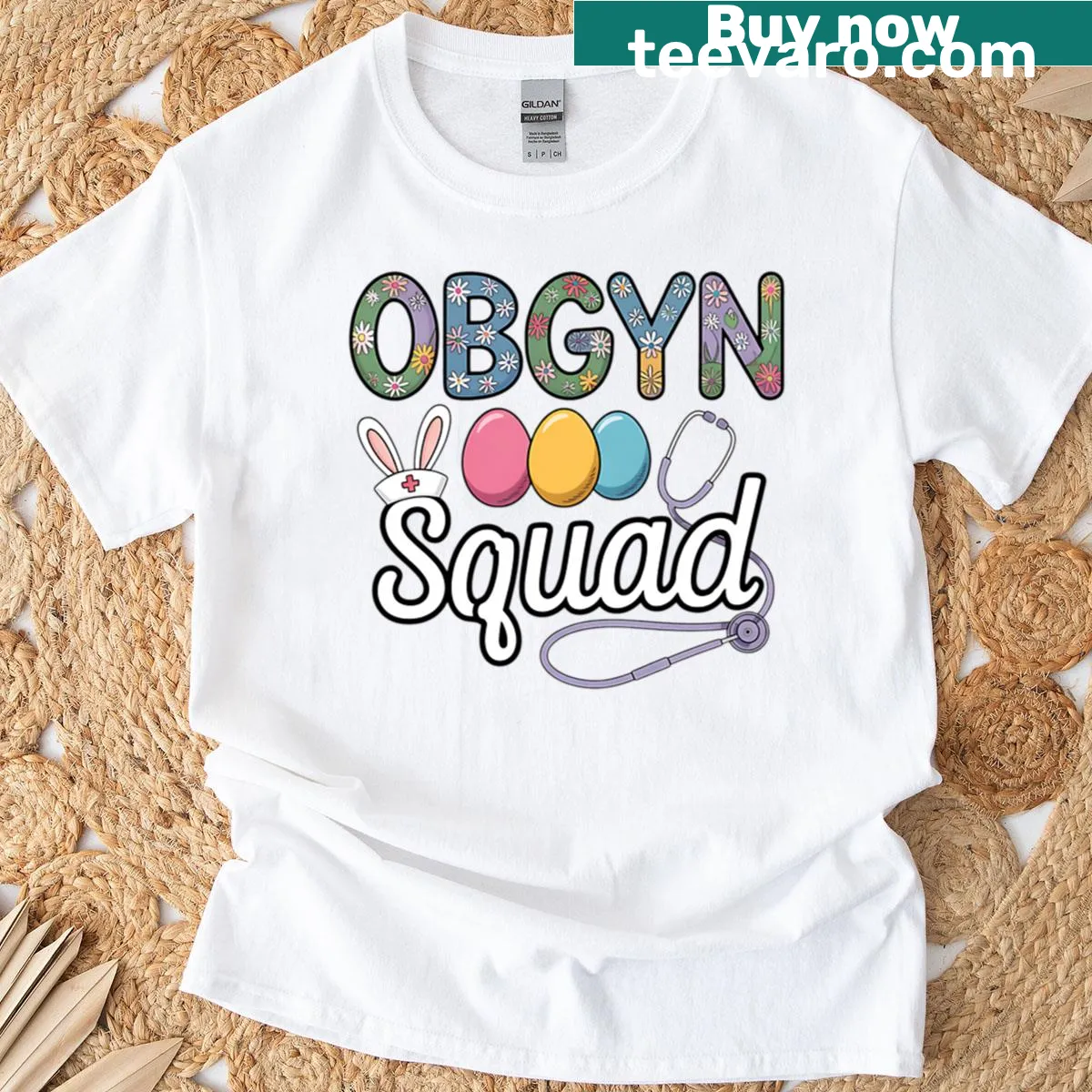 Easter-themed t-shirt for obstetricians and nurses with egg graphics — on a men's t-shirt