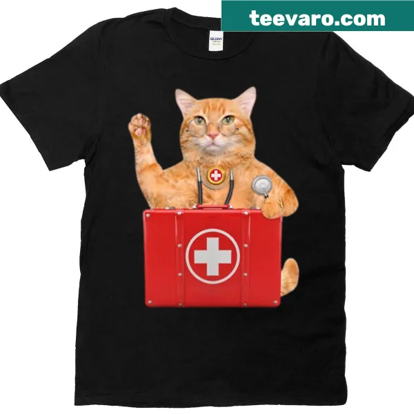 Illustrated t-shirt featuring a cat dressed as a paramedic