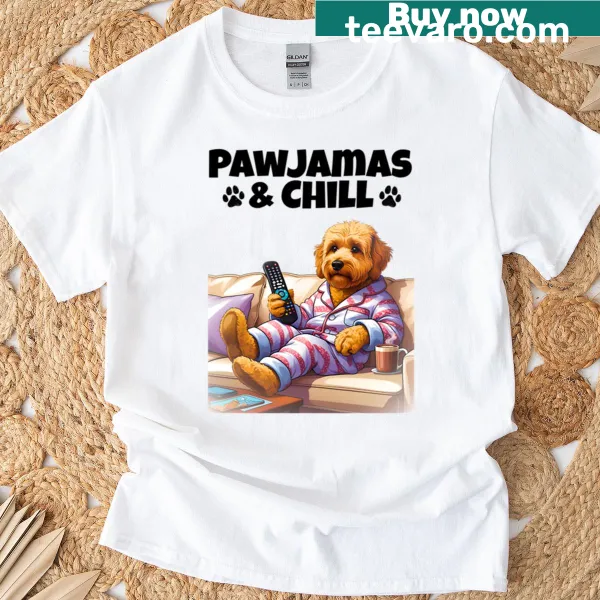 Cute Goldendoodle in pajamas watching TV graphic