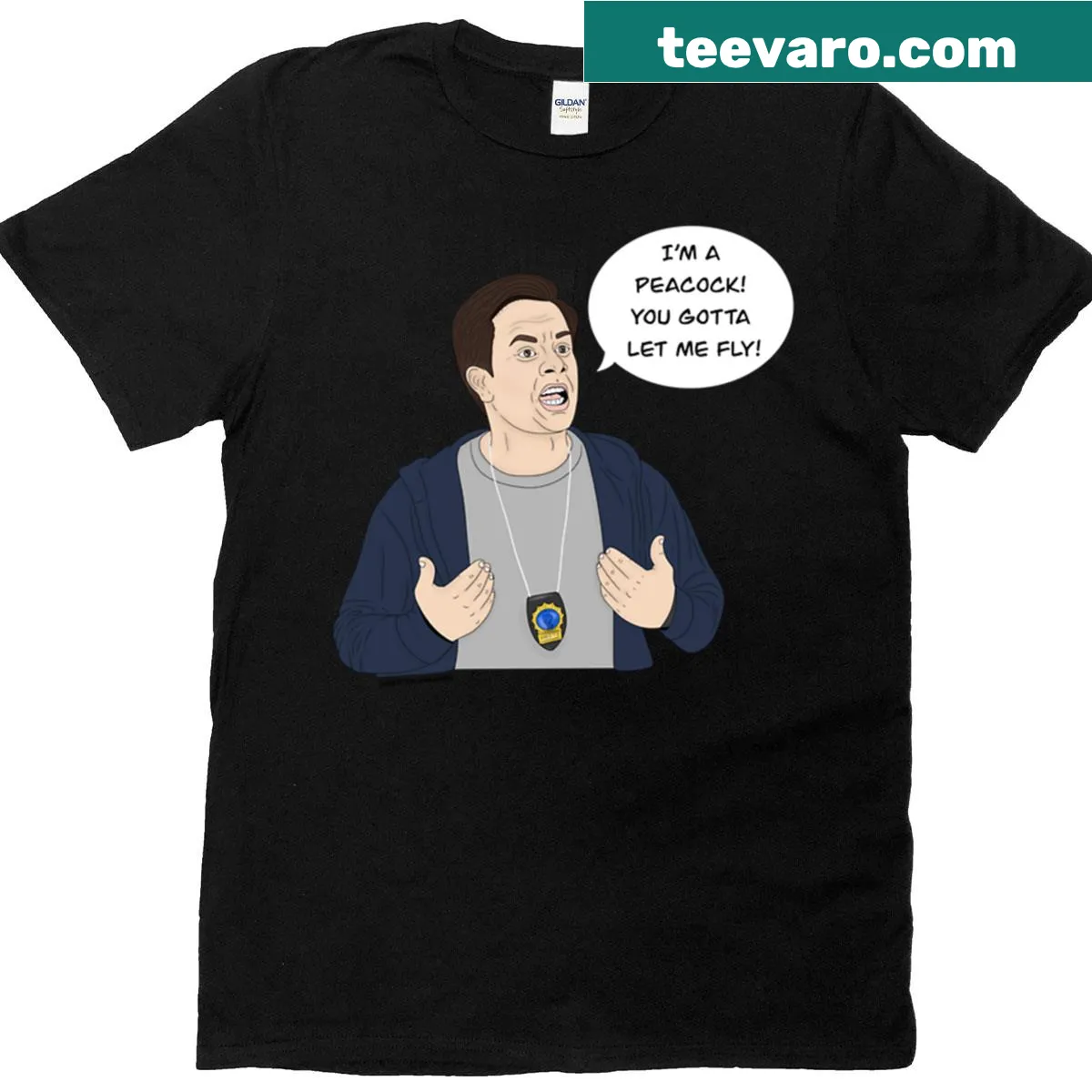 Playful peacock graphic with the phrase 'Peacocks Don't Fly' on t-shirt — on a men's t-shirt