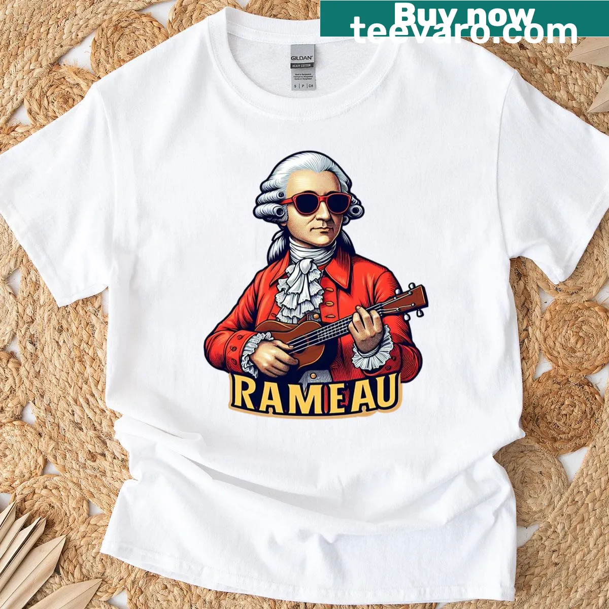 Stylized tribute graphic to composer Philippe Rameau on a T-shirt — on a men's t-shirt