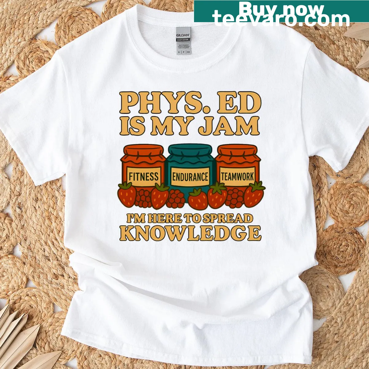 Funny Phys Ed teacher T-shirt with 'Phys Ed Is My Jam' text — on a men's t-shirt