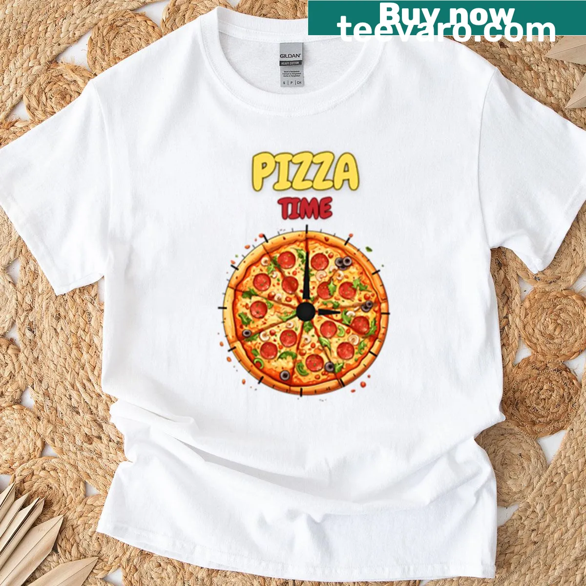 T-shirt featuring 'Pizza Time' text and graphic — on a men's t-shirt