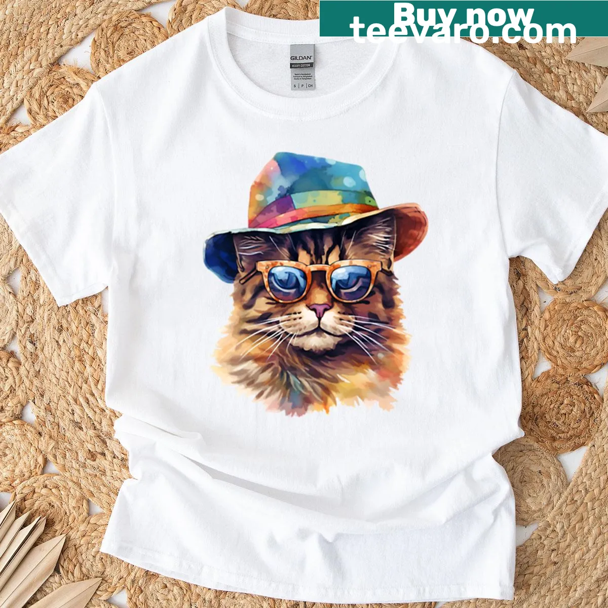 Cartoon of a cat wearing sunglasses and a colorful hat on a T-shirt. — on a men's t-shirt