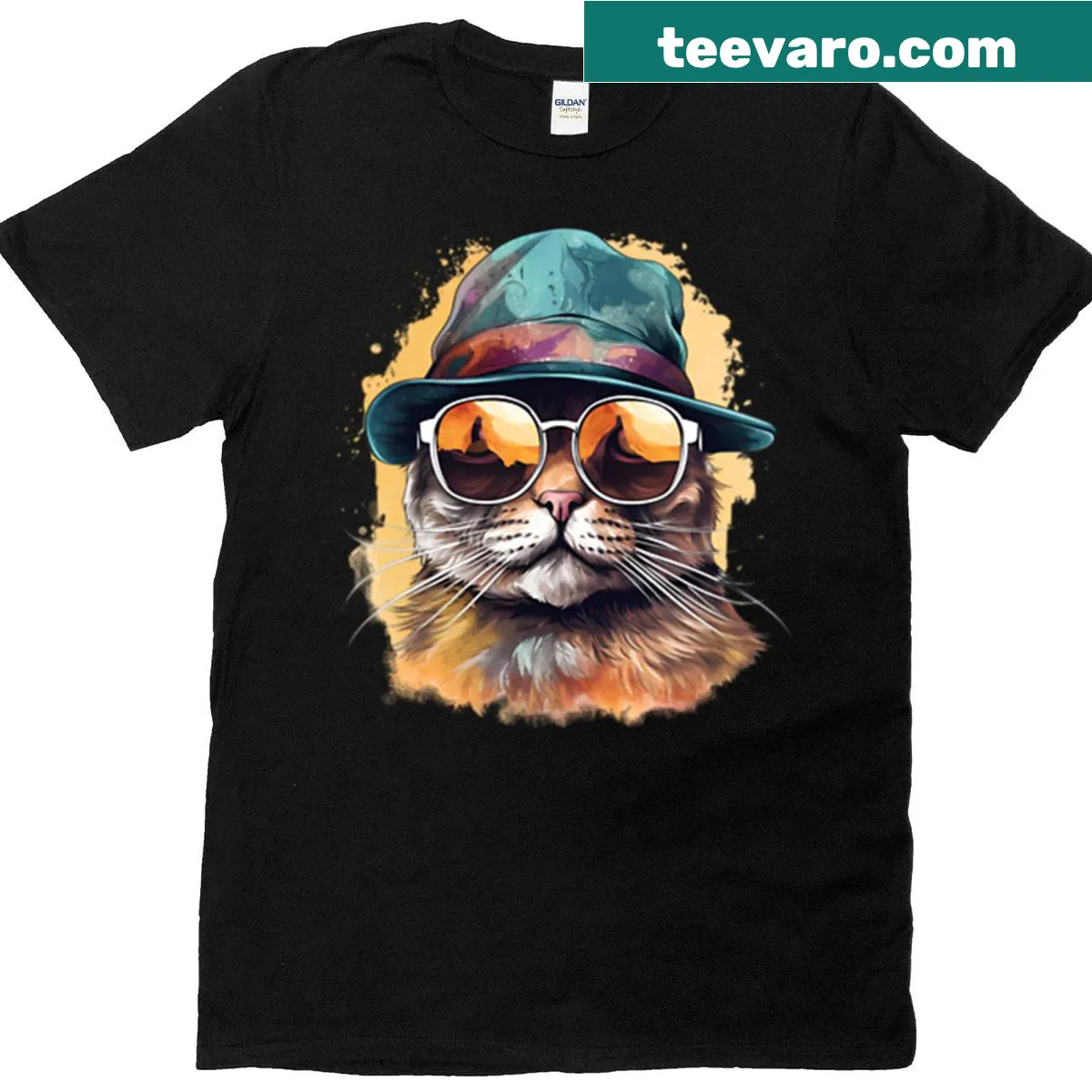 Chic cat graphic with sunglasses and hat on a T-shirt — on a men's t-shirt