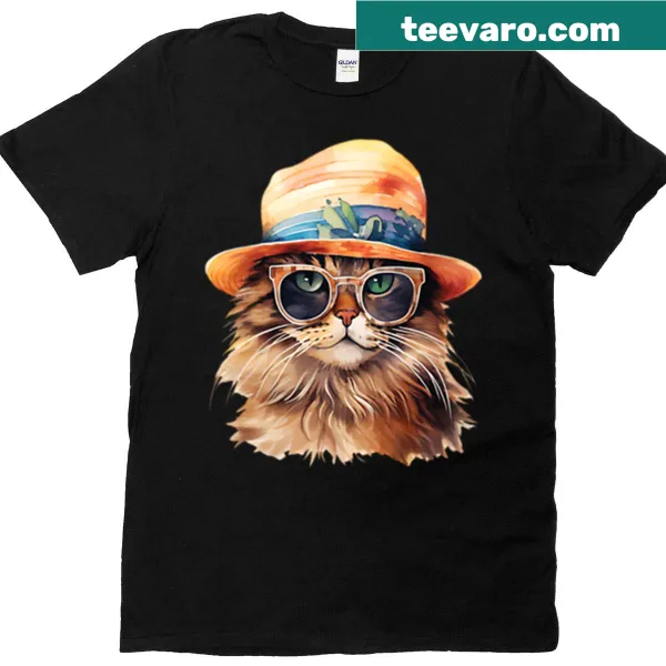 Cute cat graphic in sunglasses and orange hat on a T-shirt