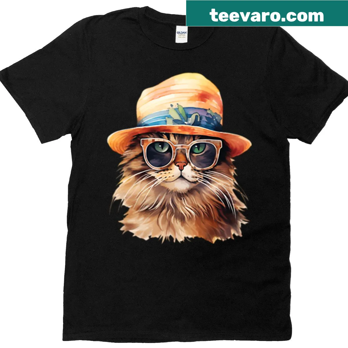 Cute cat graphic in sunglasses and orange hat on a T-shirt — on a men's t-shirt