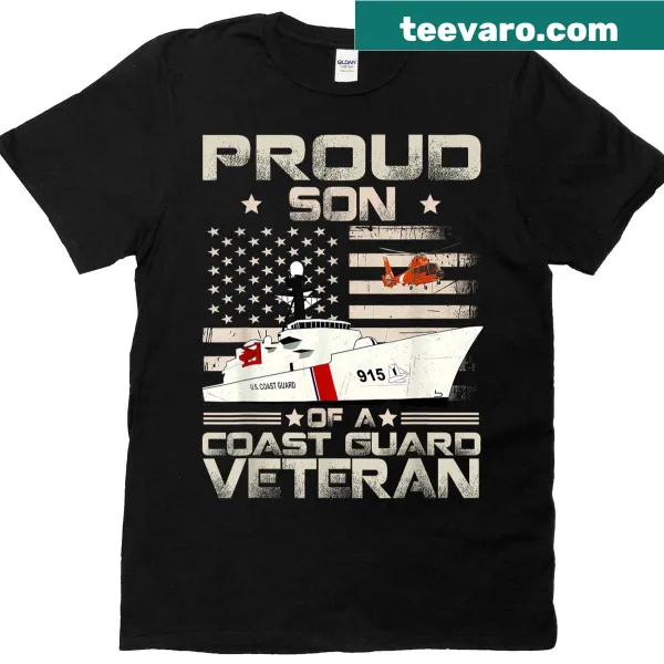 'Proud Son Of A Coast Guard Veteran' T-shirt with bold text and logo