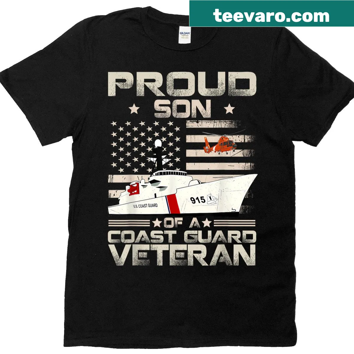 'Proud Son Of A Coast Guard Veteran' T-shirt with bold text and logo — on a men's t-shirt