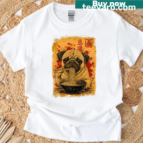 Cartoon pug eating ramen graphic on T-shirt for dog lovers