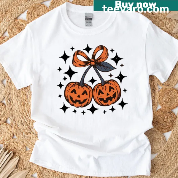 Retro-style t-shirt with cute pumpkin and cherry graphics